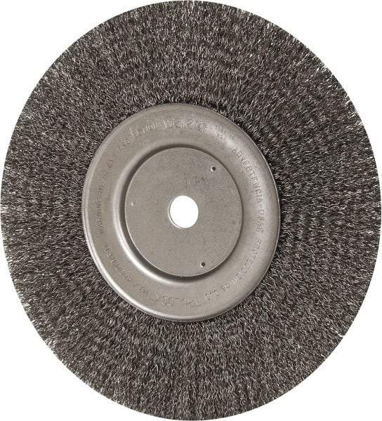 Weiler - 10" OD, 3/4" Arbor Hole, Crimped Steel Wheel Brush - 3/4" Face Width, 2-1/2" Trim Length, 0.014" Filament Diam, 4,000 RPM - Benchmark Tooling