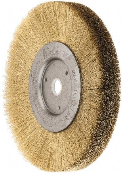 Weiler - 6" OD, 5/8" Arbor Hole, Crimped Brass Wheel Brush - 1/2" Face Width, 1-1/16" Trim Length, 0.005" Filament Diam, 6,000 RPM - Benchmark Tooling