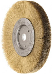 Weiler - 6" OD, 5/8" Arbor Hole, Crimped Brass Wheel Brush - 1/2" Face Width, 1-1/16" Trim Length, 0.005" Filament Diam, 6,000 RPM - Benchmark Tooling