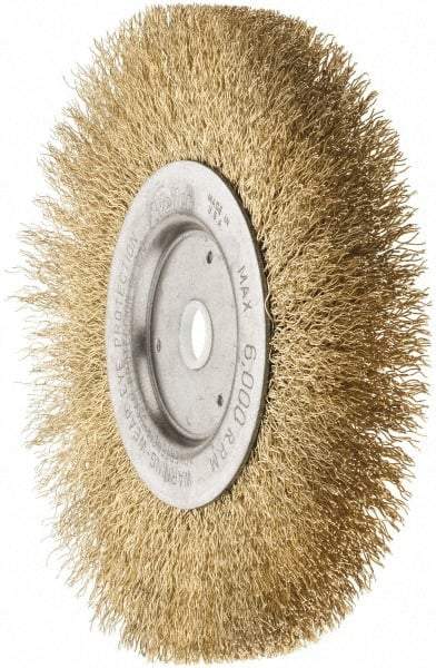 Weiler - 6" OD, 5/8" Arbor Hole, Crimped Brass Wheel Brush - 1/2" Face Width, 1-1/16" Trim Length, 0.0118" Filament Diam, 6,000 RPM - Benchmark Tooling