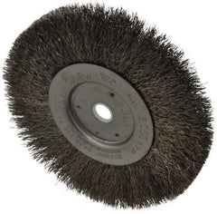 Weiler - 6" OD, 5/8" Arbor Hole, Crimped Stainless Steel Wheel Brush - 1/2" Face Width, 1-7/16" Trim Length, 0.0104" Filament Diam, 6,000 RPM - Benchmark Tooling