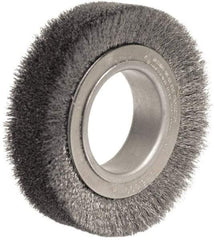 Weiler - 4-1/2" OD, 2" Arbor Hole, Crimped Steel Wheel Brush - 1-1/4" Face Width, 3/4" Trim Length, 0.014" Filament Diam, 6,000 RPM - Benchmark Tooling