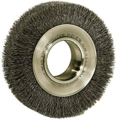 Weiler - 6" OD, 2" Arbor Hole, Crimped Steel Wheel Brush - 1-1/4" Face Width, 1-1/8" Trim Length, 0.006" Filament Diam, 6,000 RPM - Benchmark Tooling