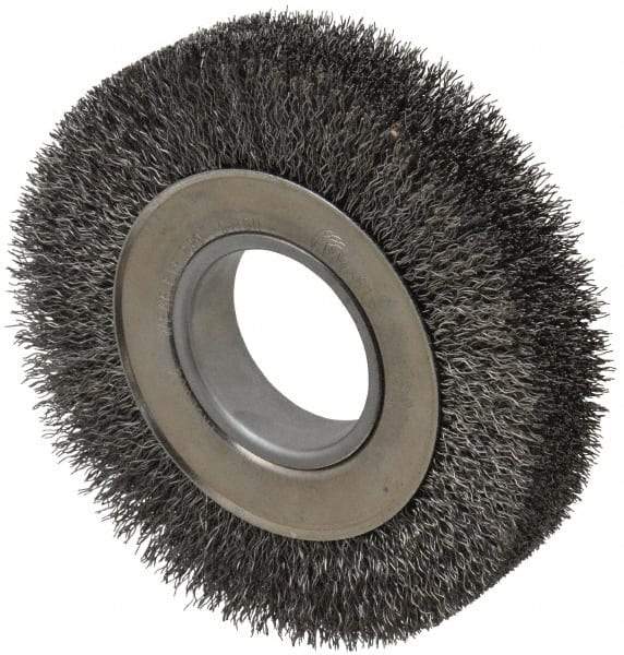 Weiler - 6" OD, 2" Arbor Hole, Crimped Steel Wheel Brush - 1-1/4" Face Width, 1-1/8" Trim Length, 0.014" Filament Diam, 6,000 RPM - Benchmark Tooling