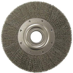 Weiler - 6" OD, 2" Arbor Hole, Crimped Stainless Steel Wheel Brush - 1-1/4" Face Width, 1-1/8" Trim Length, 0.006" Filament Diam, 6,000 RPM - Benchmark Tooling