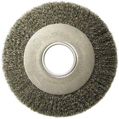 Weiler - 6" OD, 2" Arbor Hole, Crimped Steel Wheel Brush - 1" Face Width, 1-1/8" Trim Length, 0.006" Filament Diam, 6,000 RPM - Benchmark Tooling