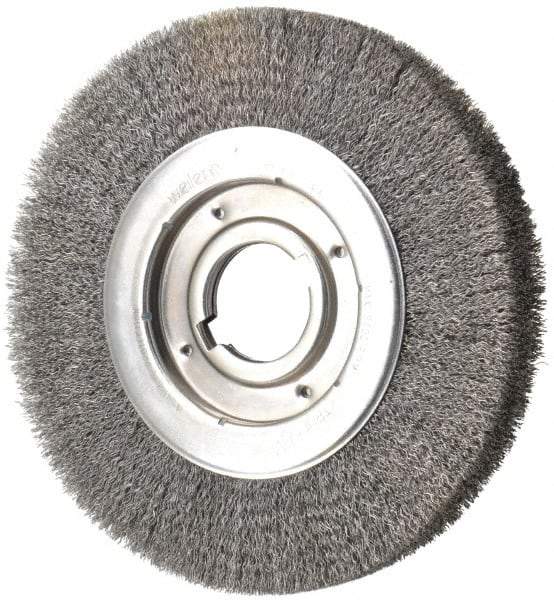 Weiler - 10" OD, 2" Arbor Hole, Crimped Steel Wheel Brush - 1-1/8" Face Width, 2" Trim Length, 0.0118" Filament Diam, 3,600 RPM - Benchmark Tooling