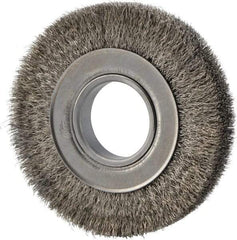 Weiler - 6" OD, 2" Arbor Hole, Crimped Stainless Steel Wheel Brush - 1" Face Width, 1-1/8" Trim Length, 0.0104" Filament Diam, 6,000 RPM - Benchmark Tooling