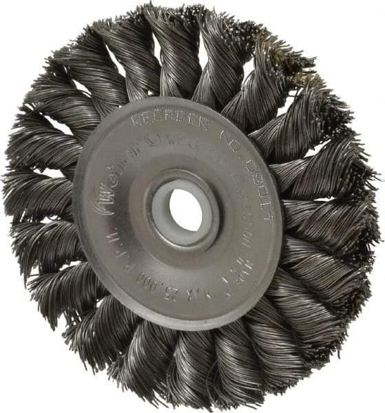 Weiler - 3" OD, 1/2" Arbor Hole, Knotted Steel Wheel Brush - 3/8" Face Width, 5/8" Trim Length, 0.014" Filament Diam, 25,000 RPM - Benchmark Tooling