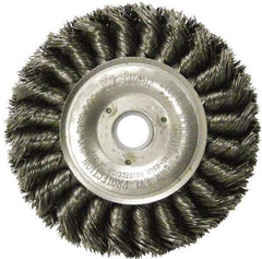 Weiler - 4" OD, 5/8" Arbor Hole, Knotted Steel Wheel Brush - 1/2" Face Width, 7/8" Trim Length, 0.014" Filament Diam, 20,000 RPM - Benchmark Tooling