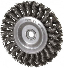 Weiler - 4" OD, 1/2" Arbor Hole, Knotted Steel Wheel Brush - 1/2" Face Width, 7/8" Trim Length, 0.02" Filament Diam, 20,000 RPM - Benchmark Tooling