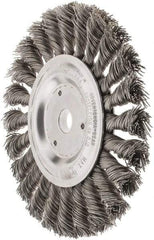 Weiler - 6" OD, 5/8" Arbor Hole, Knotted Steel Wheel Brush - 1/2" Face Width, 1-3/8" Trim Length, 0.023" Filament Diam, 9,000 RPM - Benchmark Tooling