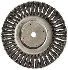 Weiler - 8" OD, 5/8" Arbor Hole, Knotted Steel Wheel Brush - 5/8" Face Width, 1-5/8" Trim Length, 0.0118" Filament Diam, 6,000 RPM - Benchmark Tooling