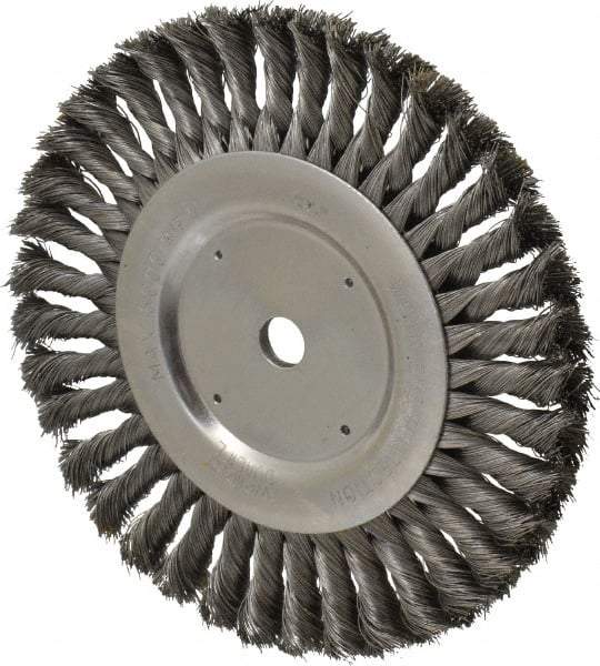 Weiler - 8" OD, 5/8" Arbor Hole, Knotted Steel Wheel Brush - 5/8" Face Width, 1-5/8" Trim Length, 0.016" Filament Diam, 6,000 RPM - Benchmark Tooling