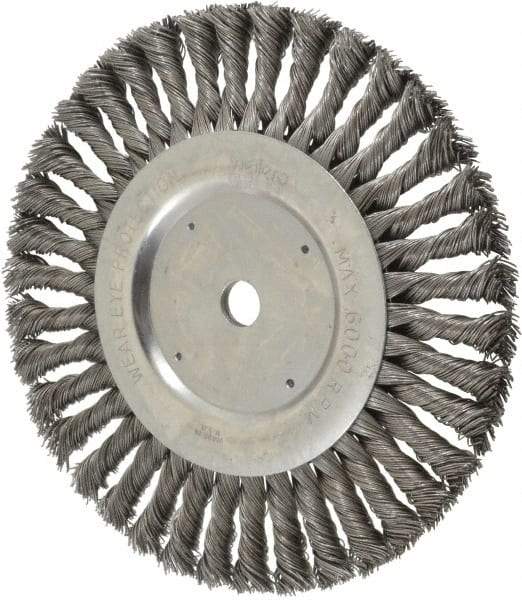 Weiler - 8" OD, 5/8" Arbor Hole, Knotted Steel Wheel Brush - 5/8" Face Width, 1-5/8" Trim Length, 0.023" Filament Diam, 6,000 RPM - Benchmark Tooling