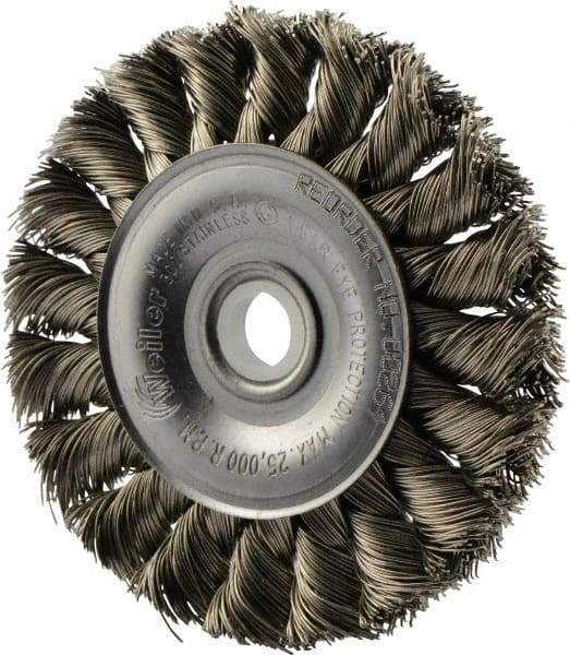 Weiler - 3" OD, 1/2" Arbor Hole, Knotted Stainless Steel Wheel Brush - 3/8" Face Width, 5/8" Trim Length, 0.014" Filament Diam, 25,000 RPM - Benchmark Tooling