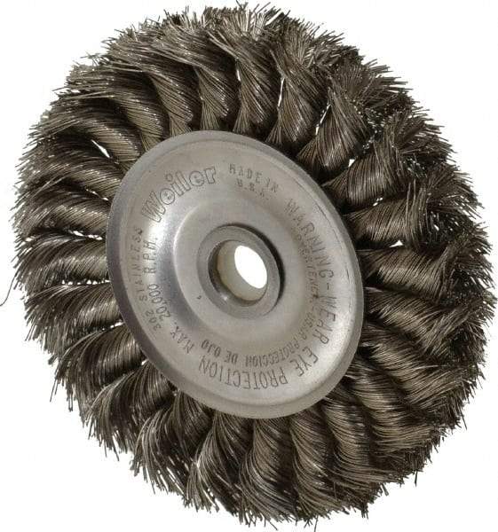 Weiler - 4" OD, 1/2" Arbor Hole, Knotted Stainless Steel Wheel Brush - 1/2" Face Width, 7/8" Trim Length, 0.0118" Filament Diam, 20,000 RPM - Benchmark Tooling