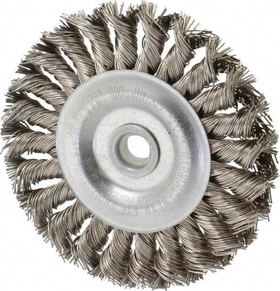 Weiler - 4" OD, 1/2" Arbor Hole, Knotted Stainless Steel Wheel Brush - 1/2" Face Width, 7/8" Trim Length, 0.02" Filament Diam, 20,000 RPM - Benchmark Tooling