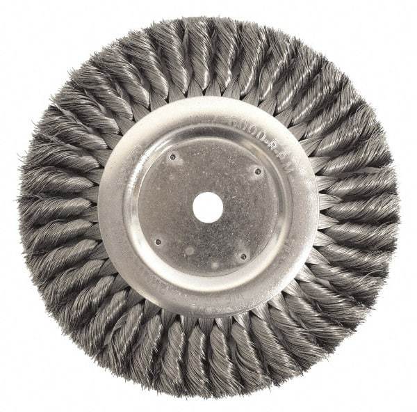 Weiler - 12" OD, 2" Arbor Hole, Knotted Steel Wheel Brush - 1-1/4" Face Width, 2-3/4" Trim Length, 0.023" Filament Diam, 3,600 RPM - Benchmark Tooling