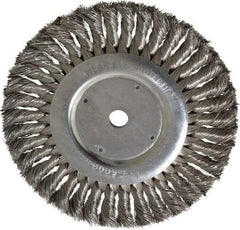 Weiler - 8" OD, 5/8" Arbor Hole, Knotted Stainless Steel Wheel Brush - 5/8" Face Width, 1-5/8" Trim Length, 0.016" Filament Diam, 6,000 RPM - Benchmark Tooling