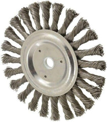 Weiler - 6" OD, 5/8" Arbor Hole, Knotted Steel Wheel Brush - 3/8" Face Width, 1-3/8" Trim Length, 0.023" Filament Diam, 9,000 RPM - Benchmark Tooling