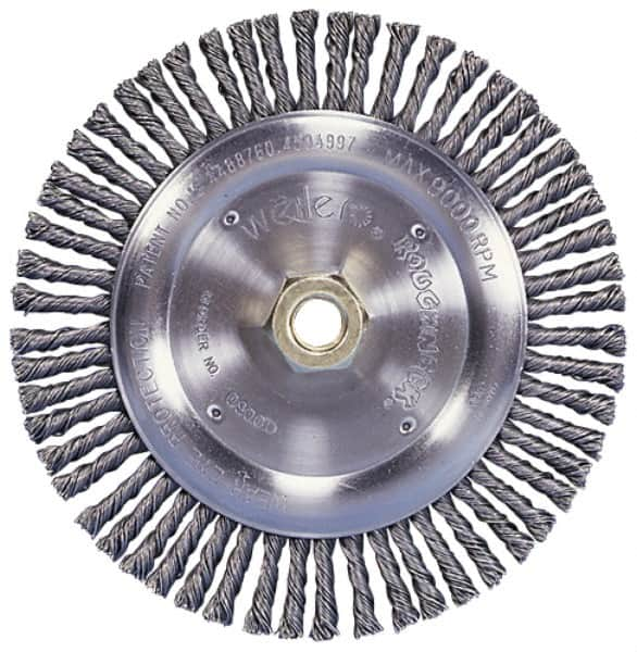 Weiler - 10" OD, 1-1/4" Arbor Hole, Knotted Steel Wheel Brush - 3/4" Face Width, 1-3/4" Trim Length, 0.014" Filament Diam, 4,500 RPM - Benchmark Tooling