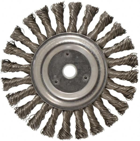 Weiler - 6" OD, 5/8" Arbor Hole, Knotted Steel Wheel Brush - 1/2" Face Width, 1-3/8" Trim Length, 0.023" Filament Diam, 12,500 RPM - Benchmark Tooling