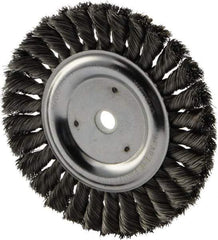 Weiler - 6" OD, 5/8" Arbor Hole, Knotted Steel Wheel Brush - 5/8" Face Width, 1-1/4" Trim Length, 0.016" Filament Diam, 9,000 RPM - Benchmark Tooling