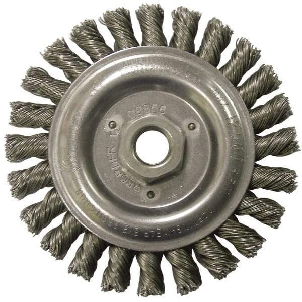 Weiler - 5" OD, 5/8-11 Arbor Hole, Knotted Steel Wheel Brush - 1/2" Face Width, 7/8" Trim Length, 0.023" Filament Diam, 12,500 RPM - Benchmark Tooling