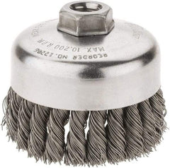 Weiler - 4" Diam, 5/8-11 Threaded Arbor, Steel Fill Cup Brush - 0.023 Wire Diam, 1-1/4" Trim Length, 9,000 Max RPM - Benchmark Tooling