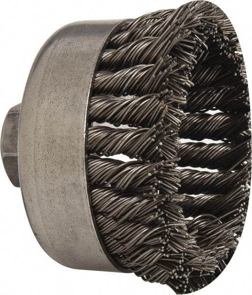 Weiler - 4" Diam, 5/8-11 Threaded Arbor, Steel Fill Cup Brush - 0.035 Wire Diam, 1-1/4" Trim Length, 9,000 Max RPM - Benchmark Tooling