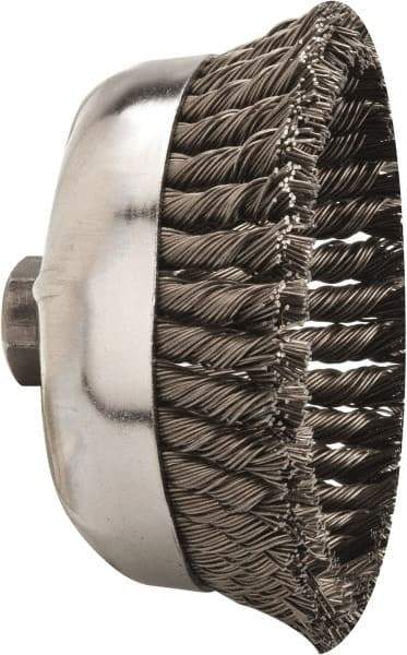 Weiler - 6" Diam, 5/8-11 Threaded Arbor, Steel Fill Cup Brush - 0.035 Wire Diam, 1-3/8" Trim Length, 6,600 Max RPM - Benchmark Tooling