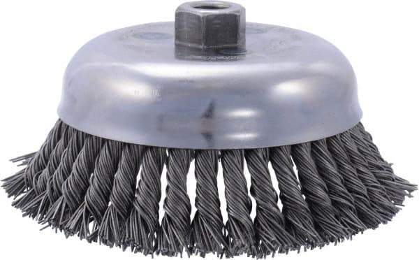 Weiler - 6" Diam, 5/8-11 Threaded Arbor, Steel Fill Cup Brush - 0.035 Wire Diam, 1-5/8" Trim Length, 6,000 Max RPM - Benchmark Tooling