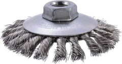 Weiler - 4" OD, 5/8-11 Arbor Hole, Knotted Stainless Steel Wheel Brush - 3/8" Face Width, 3/4" Trim Length, 0.014" Filament Diam, 12,500 RPM - Benchmark Tooling