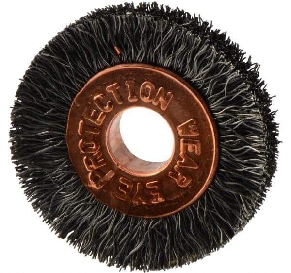 Weiler - 1" OD, 1/4" Arbor Hole, Crimped Steel Wheel Brush - 3/16" Face Width, 1/4" Trim Length, 0.006" Filament Diam, 20,000 RPM - Benchmark Tooling