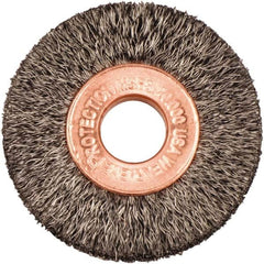 Weiler - 1-1/2" OD, 3/8" Arbor Hole, Crimped Steel Wheel Brush - 1/4" Face Width, 7/16" Trim Length, 0.006" Filament Diam, 20,000 RPM - Benchmark Tooling