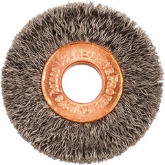 Weiler - 1-1/2" OD, 3/8" Arbor Hole, Crimped Steel Wheel Brush - 1/4" Face Width, 7/16" Trim Length, 0.008" Filament Diam, 20,000 RPM - Benchmark Tooling