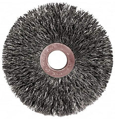 Weiler - 2" OD, 1/2" Arbor Hole, Crimped Steel Wheel Brush - 3/8" Face Width, 1/2" Trim Length, 0.0104" Filament Diam, 20,000 RPM - Benchmark Tooling