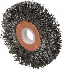 Weiler - 2" OD, 1/2" Arbor Hole, Crimped Steel Wheel Brush - 3/8" Face Width, 1/2" Trim Length, 0.014" Filament Diam, 20,000 RPM - Benchmark Tooling