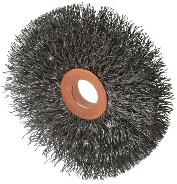 Weiler - 3" OD, 1/2" Arbor Hole, Crimped Steel Wheel Brush - 5/8" Face Width, 1" Trim Length, 0.0104" Filament Diam, 20,000 RPM - Benchmark Tooling