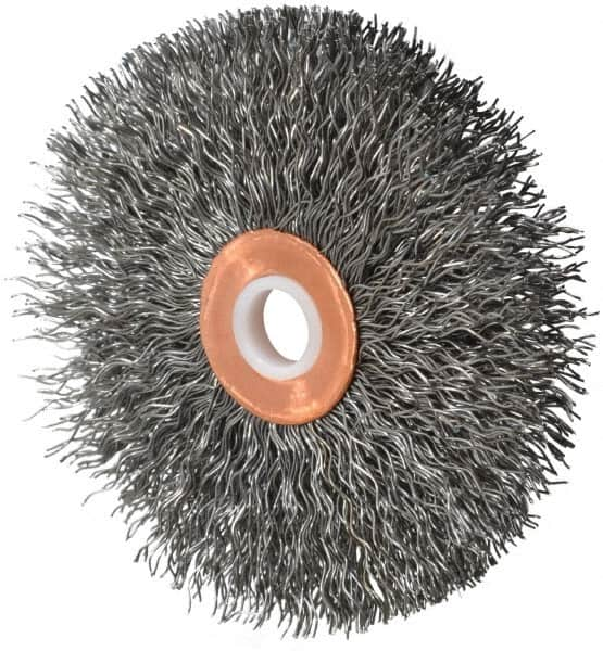 Weiler - 3" OD, 1/2" Arbor Hole, Crimped Steel Wheel Brush - 5/8" Face Width, 1" Trim Length, 0.014" Filament Diam, 20,000 RPM - Benchmark Tooling