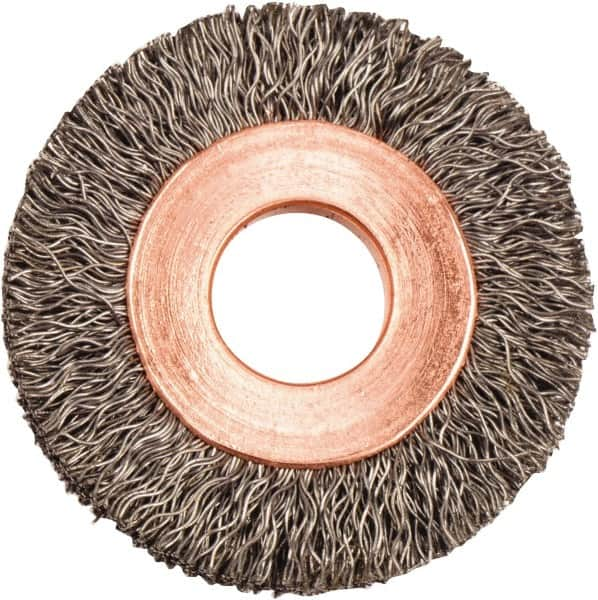 Weiler - 1-1/4" OD, 3/8" Arbor Hole, Crimped Steel Wheel Brush - 1/4" Face Width, 5/16" Trim Length, 0.008" Filament Diam, 20,000 RPM - Benchmark Tooling