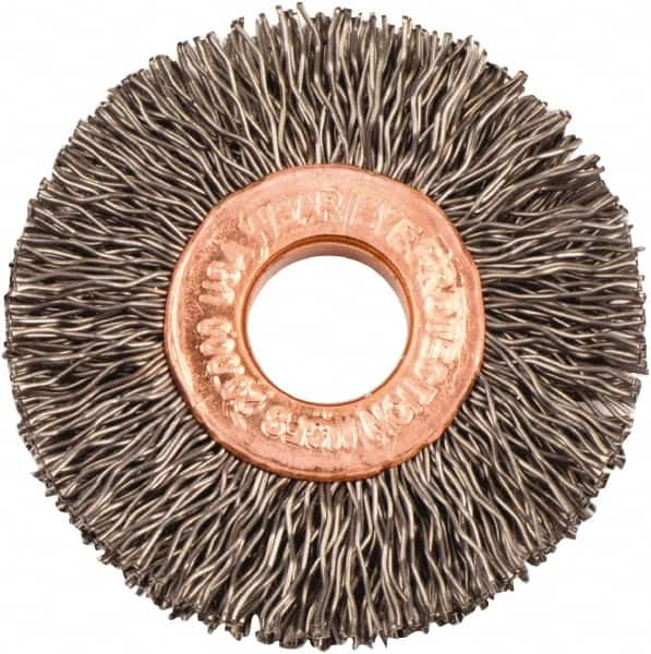 Weiler - 1-1/2" OD, 3/8" Arbor Hole, Crimped Steel Wheel Brush - 1/4" Face Width, 7/16" Trim Length, 0.014" Filament Diam, 20,000 RPM - Benchmark Tooling