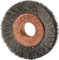 Weiler - 1" OD, 1/4" Arbor Hole, Crimped Stainless Steel Wheel Brush - 3/16" Face Width, 1/4" Trim Length, 0.003" Filament Diam, 20,000 RPM - Benchmark Tooling