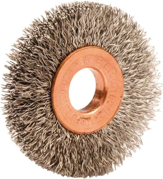 Weiler - 1-1/2" OD, 3/8" Arbor Hole, Crimped Stainless Steel Wheel Brush - 1/4" Face Width, 7/16" Trim Length, 0.008" Filament Diam, 20,000 RPM - Benchmark Tooling