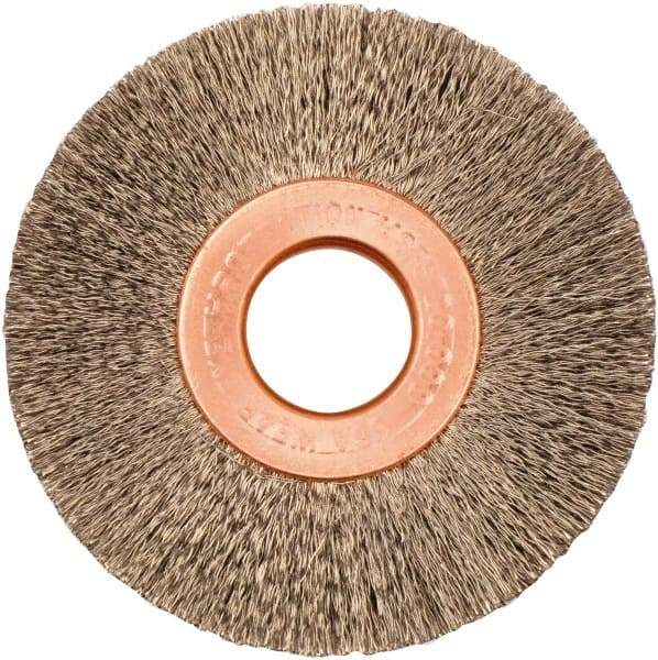 Weiler - 2" OD, 1/2" Arbor Hole, Crimped Stainless Steel Wheel Brush - 3/8" Face Width, 1/2" Trim Length, 0.005" Filament Diam, 20,000 RPM - Benchmark Tooling