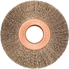Weiler - 2" OD, 1/2" Arbor Hole, Crimped Stainless Steel Wheel Brush - 3/8" Face Width, 1/2" Trim Length, 0.005" Filament Diam, 20,000 RPM - Benchmark Tooling