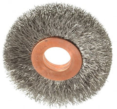 Weiler - 2" OD, 1/2" Arbor Hole, Crimped Stainless Steel Wheel Brush - 3/8" Face Width, 1/2" Trim Length, 0.008" Filament Diam, 20,000 RPM - Benchmark Tooling