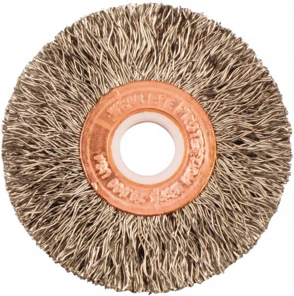 Weiler - 2" OD, 1/2" Arbor Hole, Crimped Stainless Steel Wheel Brush - 3/8" Face Width, 1/2" Trim Length, 0.0118" Filament Diam, 20,000 RPM - Benchmark Tooling