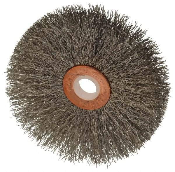 Weiler - 3" OD, 1/2" Arbor Hole, Crimped Stainless Steel Wheel Brush - 5/8" Face Width, 1" Trim Length, 0.008" Filament Diam, 20,000 RPM - Benchmark Tooling